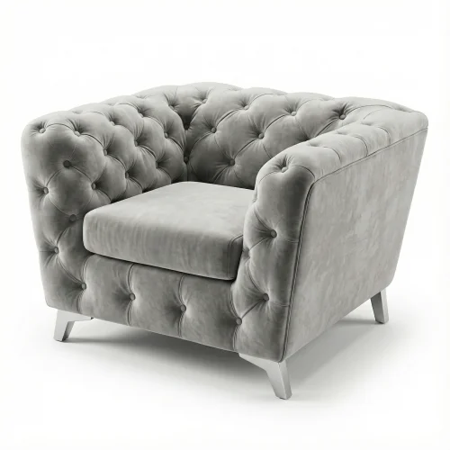 Fauteuil en Velours Gris Capitonné